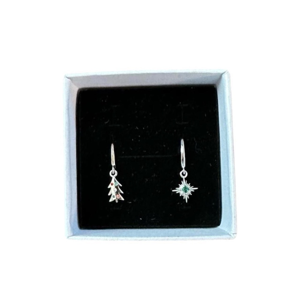 Eyrful silver Christmas tree charm hoop earrings